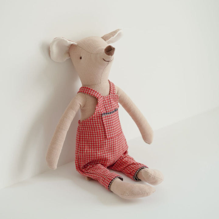 Handmade Linen Plush Mouse Doll with Gingham Overalls