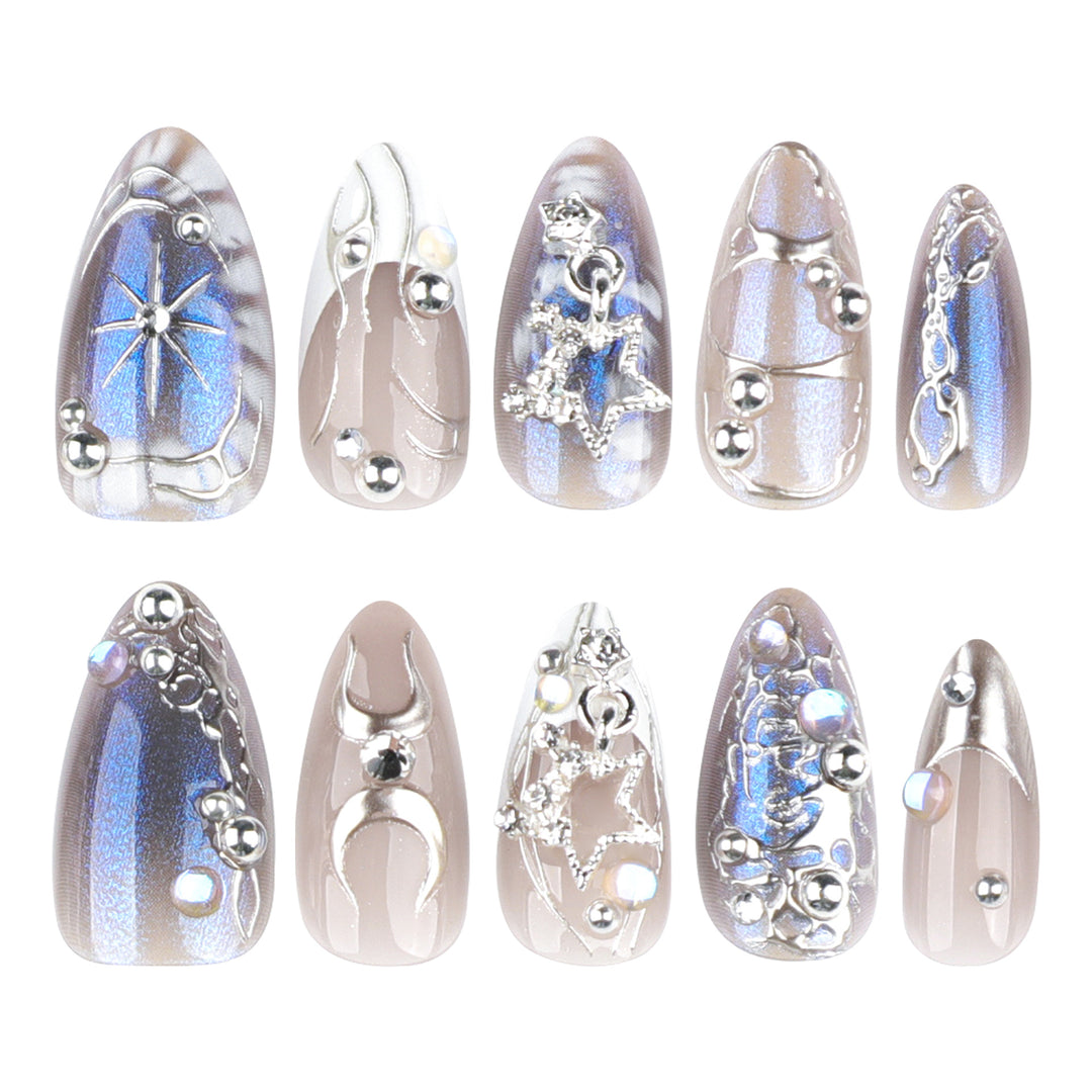 Artful Nail Extensions with Shiny Metal Accents Kalsten