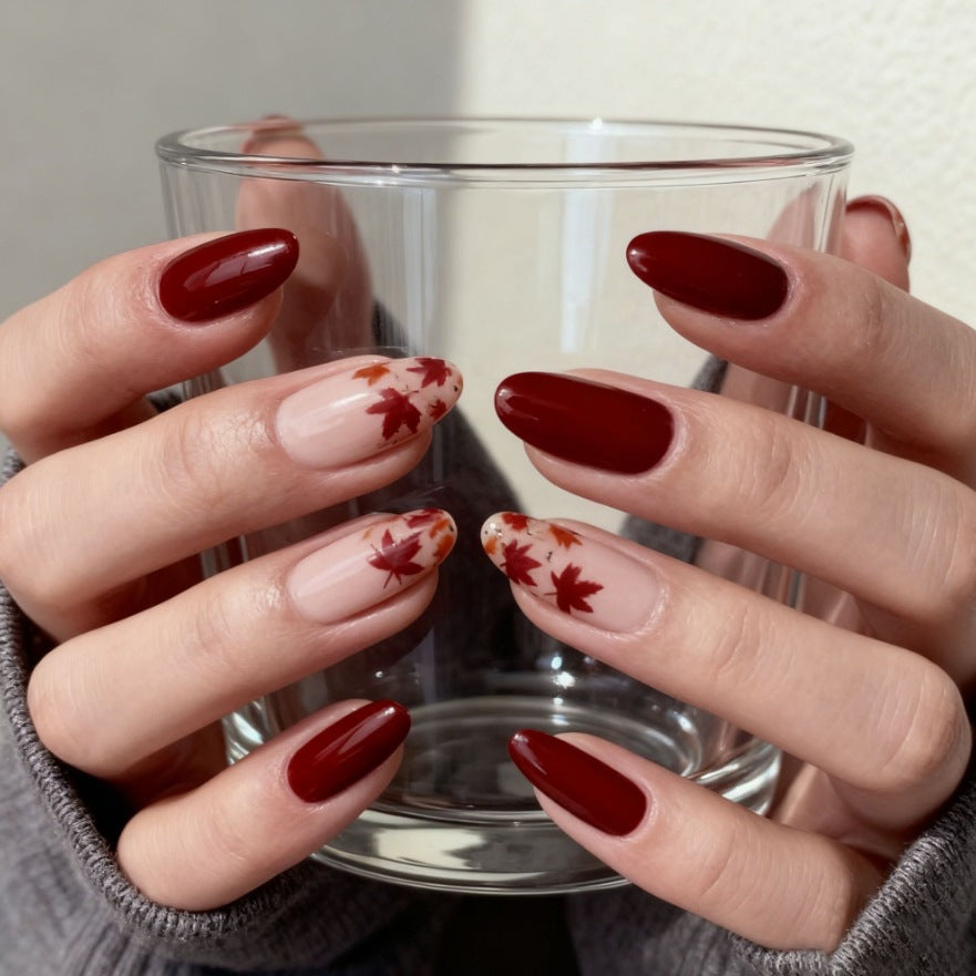 Fall-Inspired Glossy Almond-Shaped Nail Art Enhancements Kalsten
