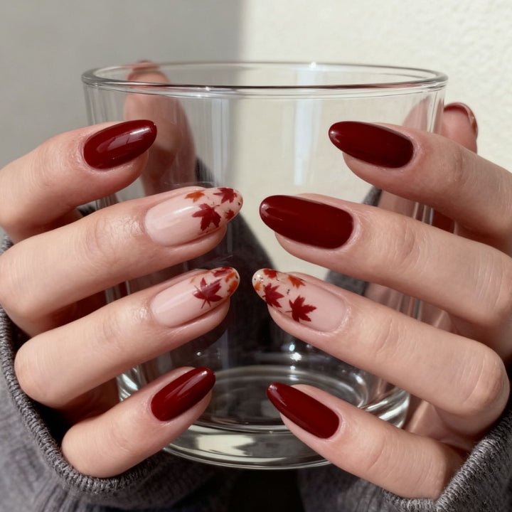Fall-Inspired Glossy Almond-Shaped Nail Art Enhancements Kalsten