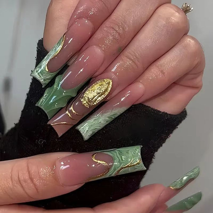 Artistic Press-On Nail Extensions with Gold Detailing Kalsten