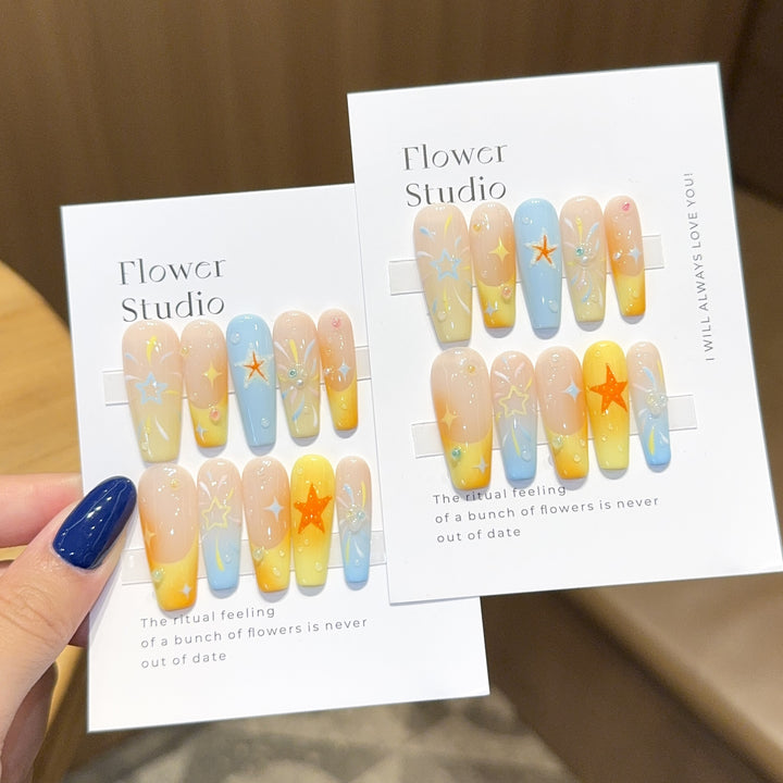 Artificial Nails Set with Colorful Stars and Floral Design Kalsten