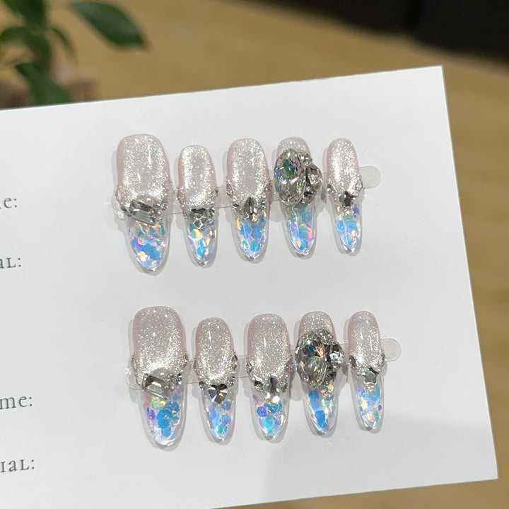 Artistic Gemstone-Embellished Press-On Nail Set 1790730615