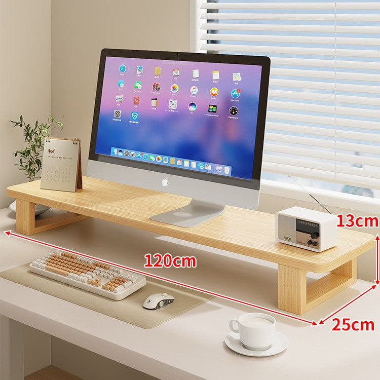Wide Wooden Monitor Riser Shelf with Under-Shelf Storage and Cable Management