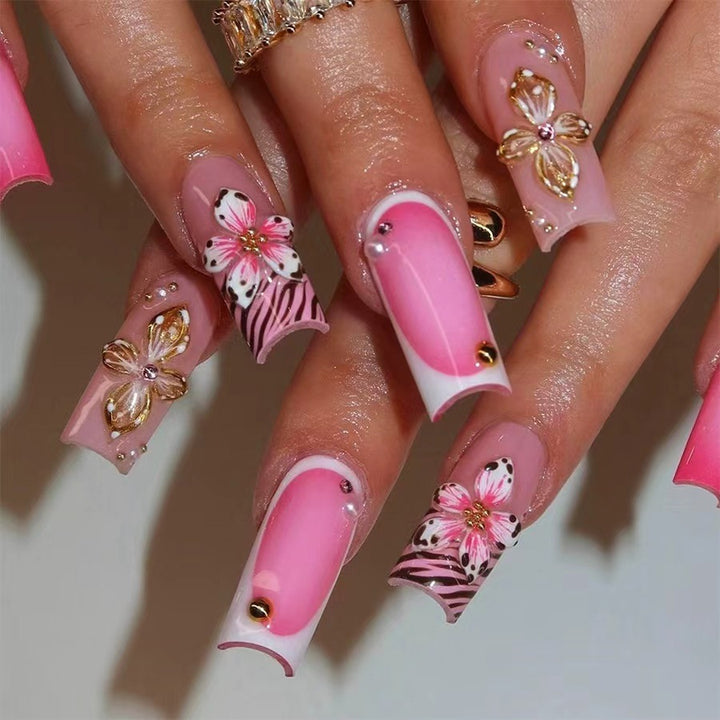 Artistic Floral and Zebra Print Press-On Nails Kalsten