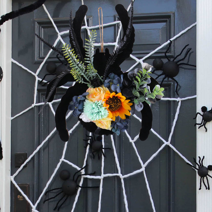 Hanging Halloween Spider Wall Decoration made of Wood with Artificial Flowers