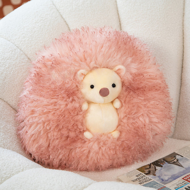 Round Curly Faux-Fur Decorative Cushion with Center Plush Hedgehog Kalsten
