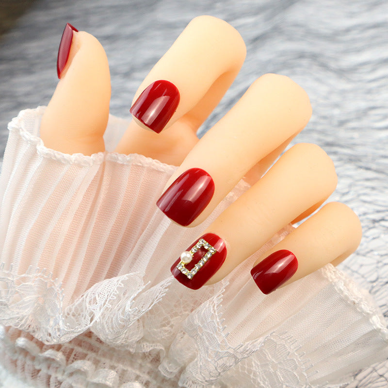 Elegant Red Press-On Nail Set with Pearl and Rhinestone Accents