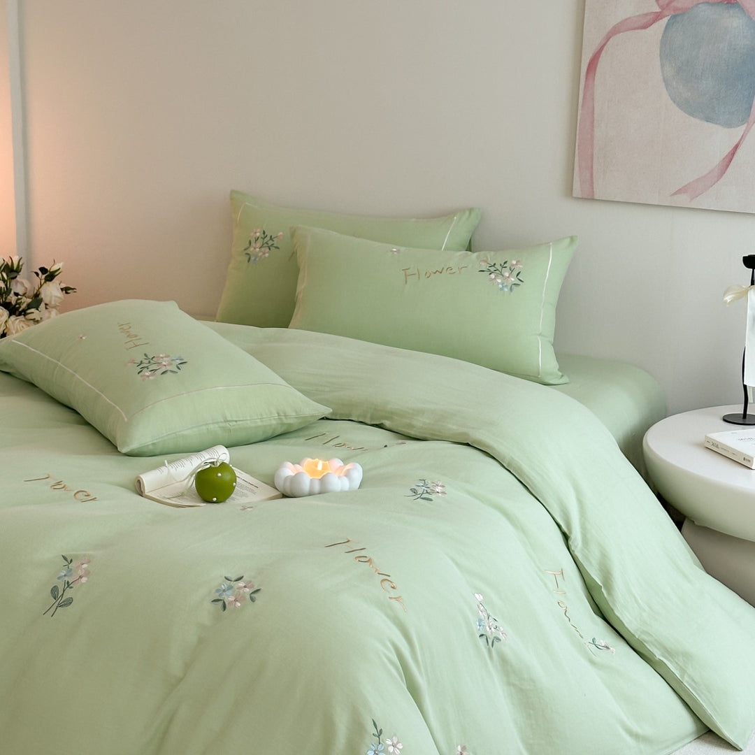 Delicate embroidered cotton bedding set with gentle botanical embroidery and bow ties Kalsten