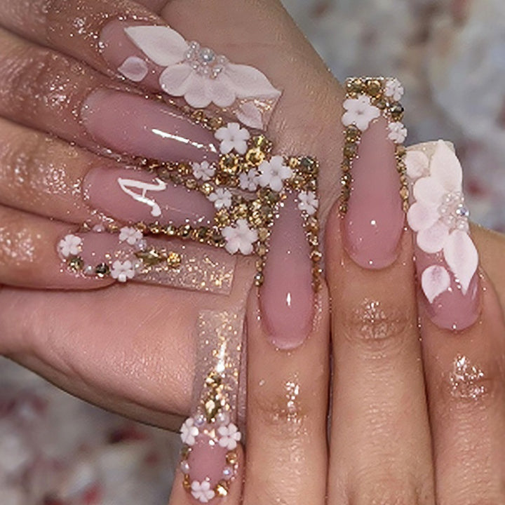 Creative acrylic nail set with delicate flower and gloss embellishments Kalsten