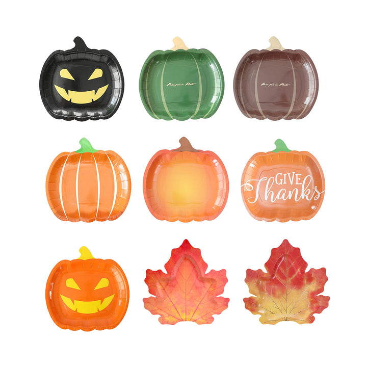 Disposable paper plates in pumpkin shape with spooky face design
