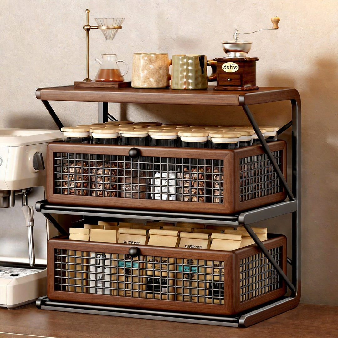 Countertop Coffee Station Organizer with Wooden Top and Metal Wire Basket