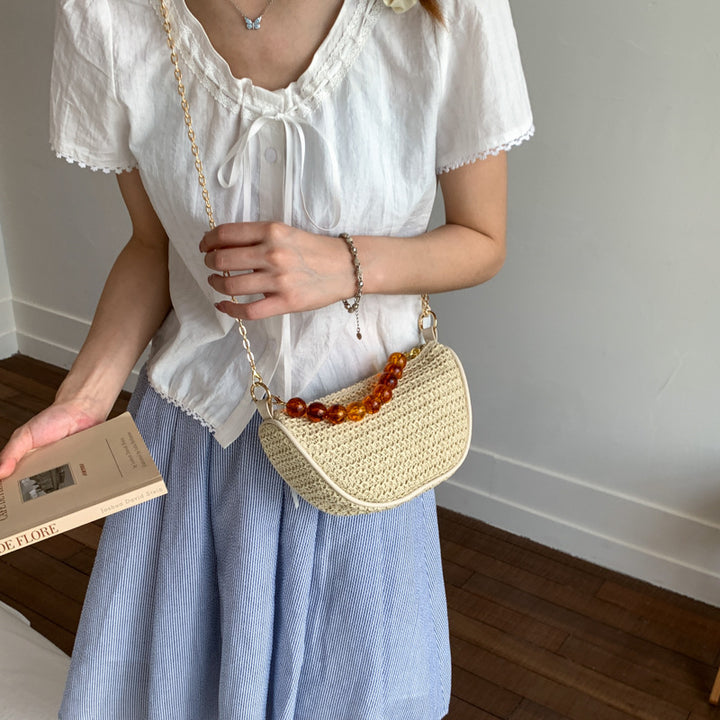 Stylish Woven Handbag with Beaded Handle Kalsten