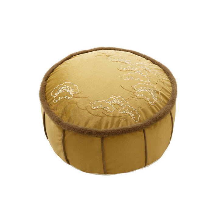 Round padded floor seat pouf with embroidered top and faux fur trim Kalsten