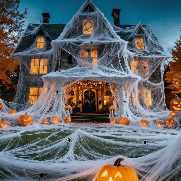 Decorative spider web with artificial spiders