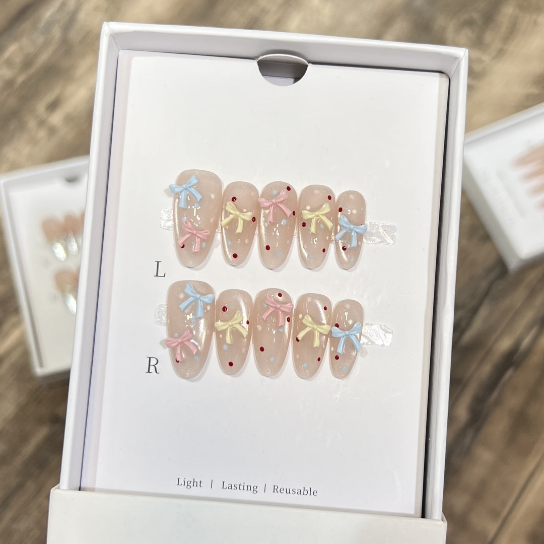 Decorative Press-On Nail Set with Charming Bow and Dots Kalsten
