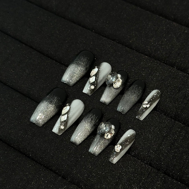 Artistic Ombre Press-On Nail Set with Gemstone Accents