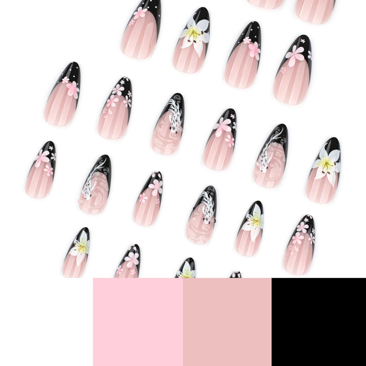 Elegant Nail Extensions with Creative Flowers and Black-White Patterns Kalsten