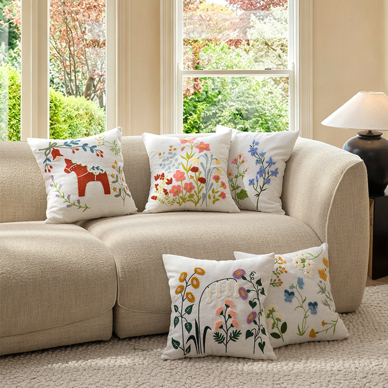 Decorative cushion cover linen look with hand-embroidered wildflowers and concealed zipper Kalsten