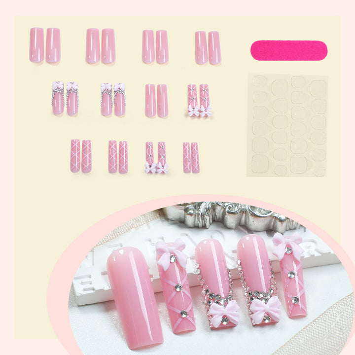 Decorative Press-On Nail Set with Elegant Bow and Gem Accents kalsten 1788496283
