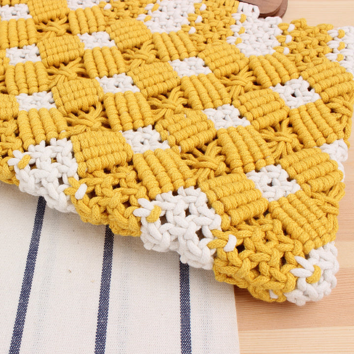 Macrame Tote Bag with Wooden Handles and Floral Details Kalsten