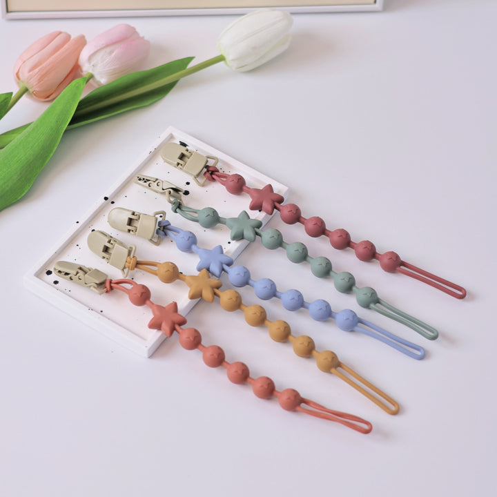 Silicone Star-Bead Pacifier and Teether Clip with Wooden Safety Clamp