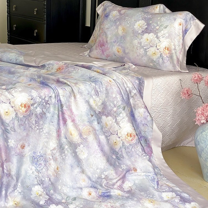 Satin bedding set with floral watercolor print and silky shiny finish