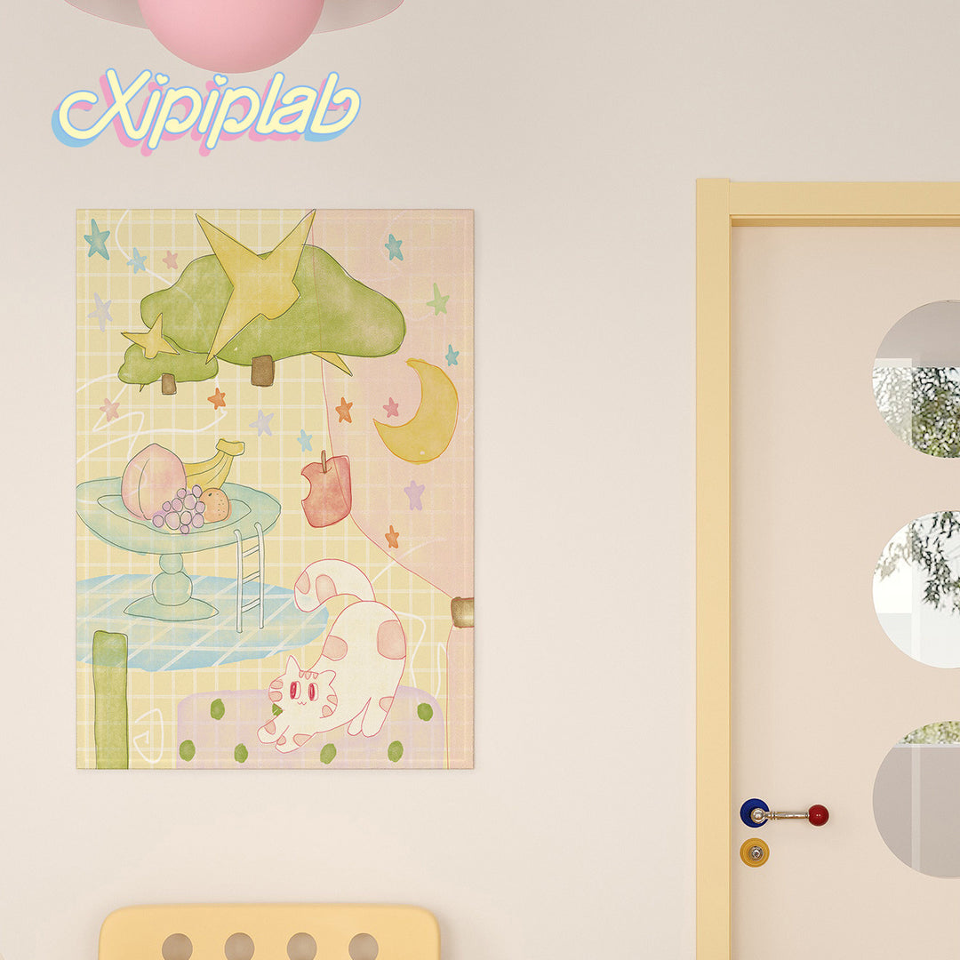 Pastel Grid Illustration Wall Tapestry for Kids Room Decor