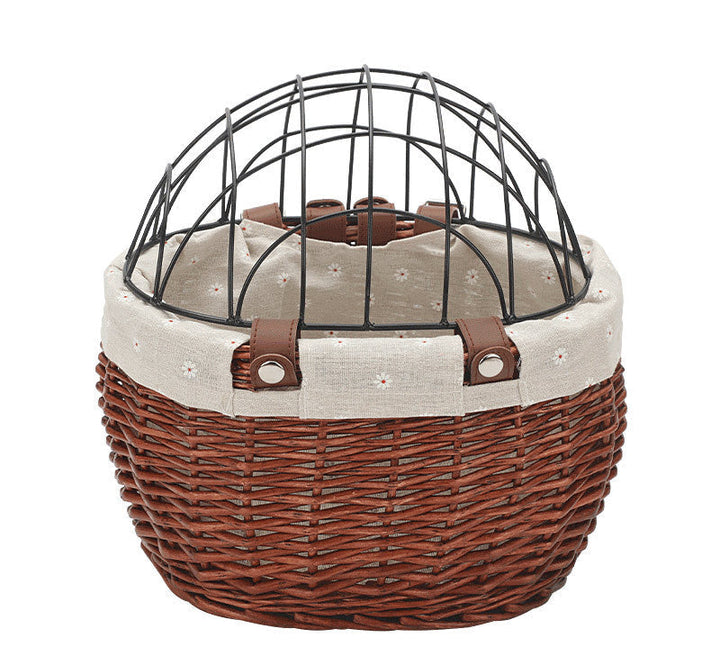 woven rattan pet carrier basket with detachable linen liner and foldable metal safety dome Kalsten