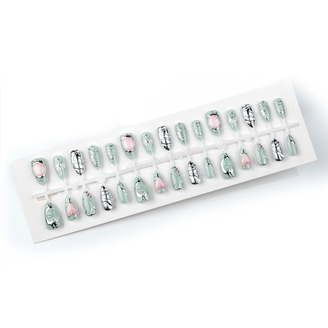Artistic Press-On Nail Art Set with Silver and Crystal Accents Kalsten