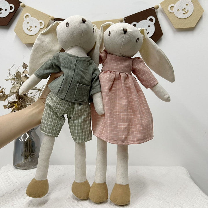 Soft Long‑Leg Linen Bunny Plush with Checkered Collar and Gathered Overalls