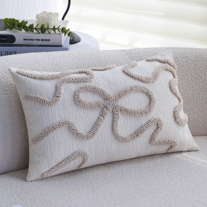 Square decorative cushion cover with hand-tufted bow and wave relief made of cotton-linen mix Kalsten