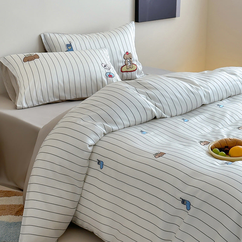 Reversible cotton satin bedding set with fine stripe pattern and cute cat embroidery