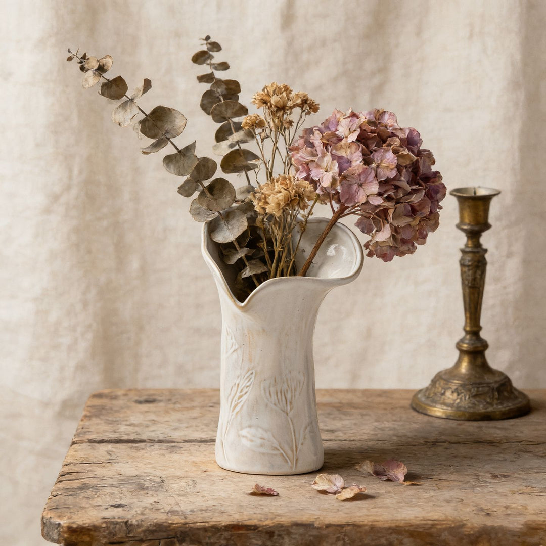 Sculptural Ceramic Asymmetrical Pleated Flower Vase with Pressed Wheat Motif