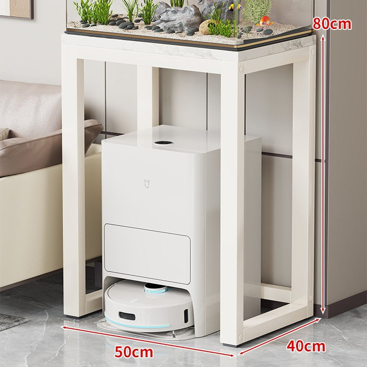 Gold Metal Aquarium Console Table with Faux Marble Top and Robot Vacuum Storage