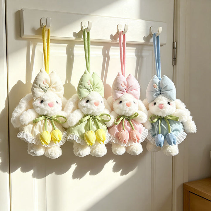 Plush Bunny Bag Charm Keychain with Decorative Bow and Floral Dress Kalsten