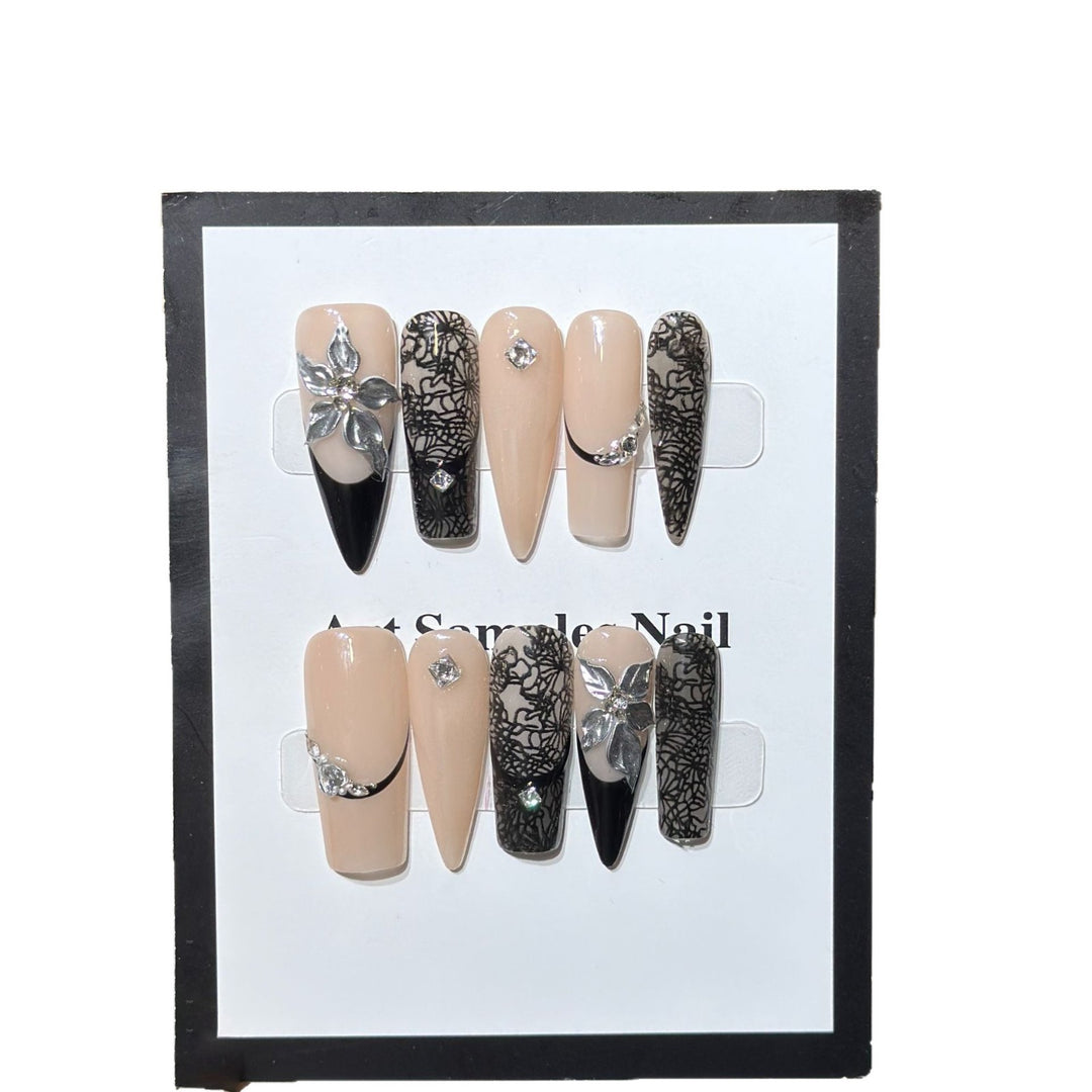 Artistic Stiletto Press-On Nail Set with Floral and Geometric Accents Kalsten
