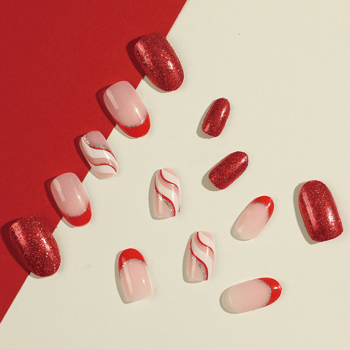 Artful Nail Extensions with Glitter and Wave Pattern Kalsten