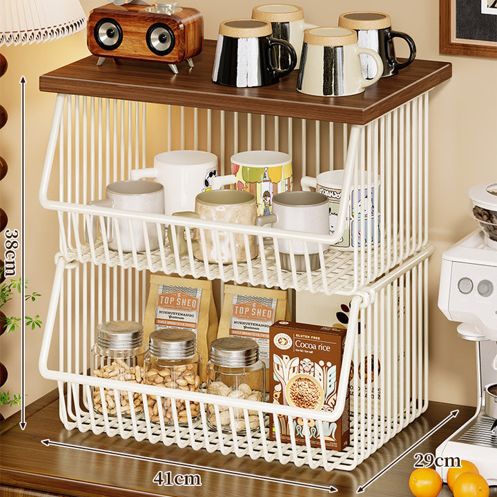 Mobile Four-Tier Kitchen Pantry Organizer Cart with Wood Top and Rolling Wire Baskets