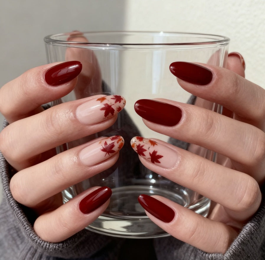 Fall-Inspired Glossy Almond-Shaped Nail Art Enhancements Kalsten