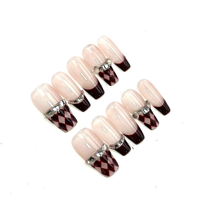 Artistic Press-On Nail Set with Elegant Jewel Accents