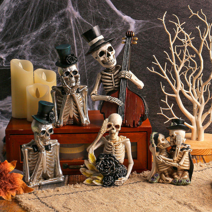 Detailed Resin Halloween Decoration Figure Skeleton with Double Bass