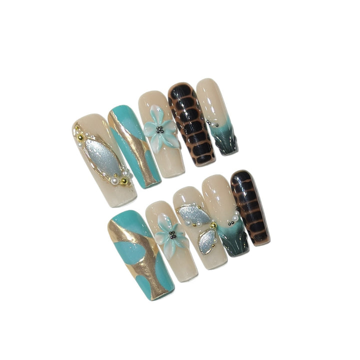 Artistic Press-On Nail Art Set with Floral and Geometric Designs Kalsten