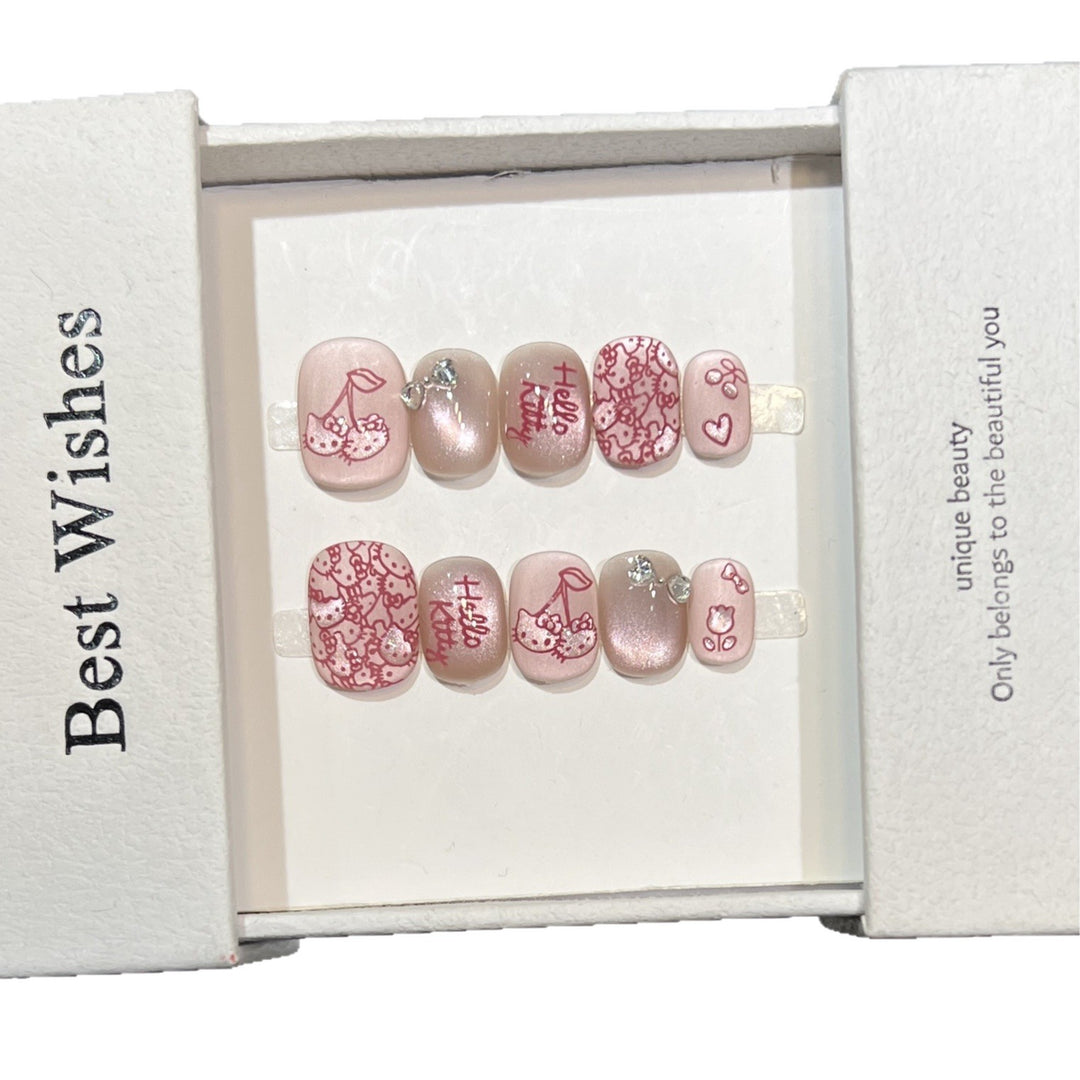 Decorative Press-On Nail Art Set with Cherry and Bow Accents Kalsten