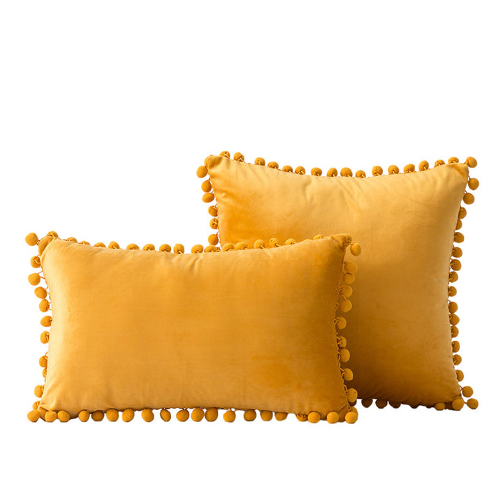 Velvet Pom-Pom Fringe Square and Lumbar Decorative Throw Pillow Set