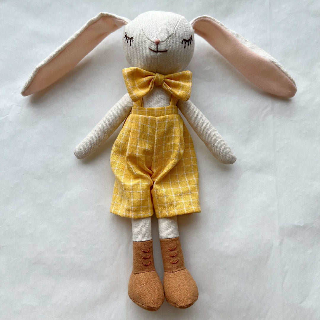 Handmade Linen Bunny Soft Cloth Doll with Embroidered Overalls