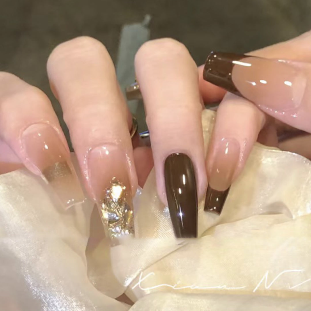 Elegant Long Press-On Nails with Decorative Gold Accents Kalsten