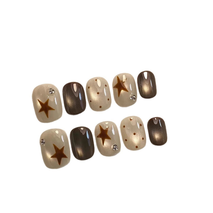 Artistic Press-On Nail Set with Star and Polka Dot Designs