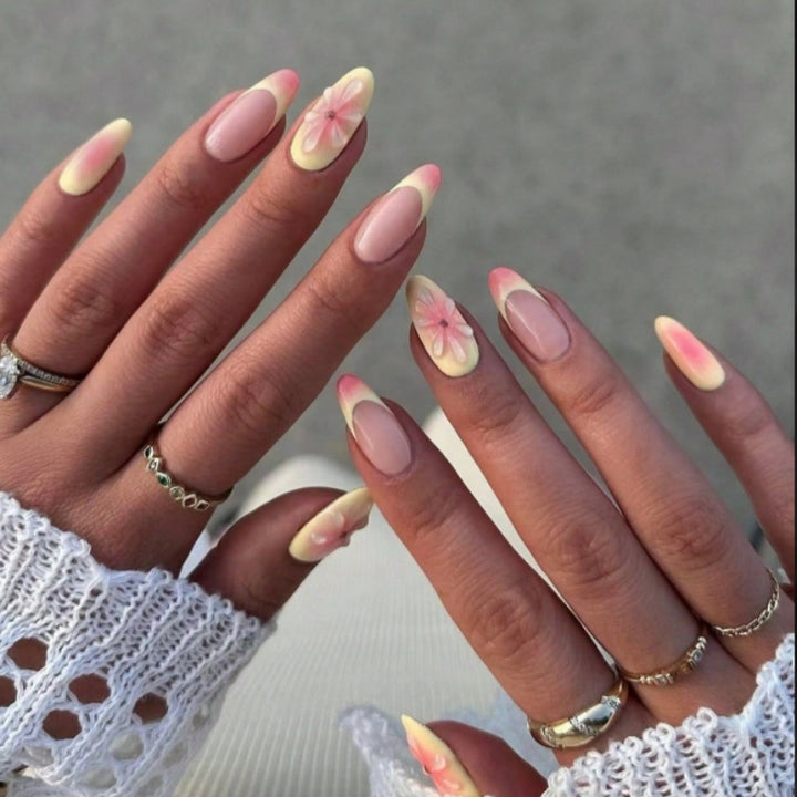 Artistic Press-On Nail Set with Floral Accents Kalsten