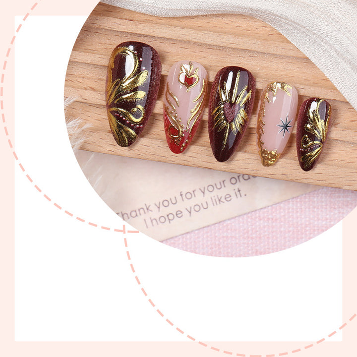 Decorative Press-On Nail Art Set with Intricate Gold Floral Design kalsten